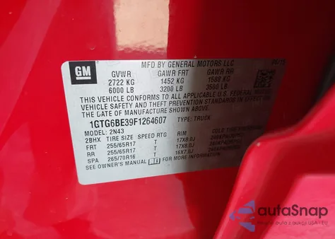 2015 GMC Canyon Sle z USA, uszkodzony, nr VIN 1GTG6BE39F1264607